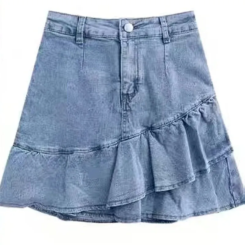 Girlary Hotsweet Women Shirt Vintage Distressed  Empire Trumpet High Street Slim Solid Asymmetrical Ruffles Denim Shirt