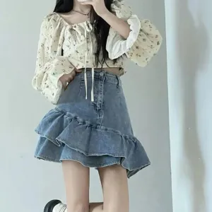 Girlary Hotsweet Women Shirt Vintage Distressed  Empire Trumpet High Street Slim Solid Asymmetrical Ruffles Denim Shirt