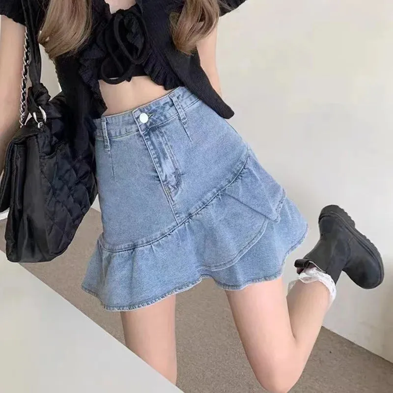 Girlary Hotsweet Women Shirt Vintage Distressed  Empire Trumpet High Street Slim Solid Asymmetrical Ruffles Denim Shirt