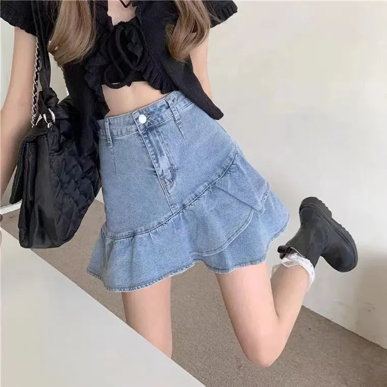 Girlary Hotsweet Women Shirt Vintage Distressed  Empire Trumpet High Street Slim Solid Asymmetrical Ruffles Denim Shirt