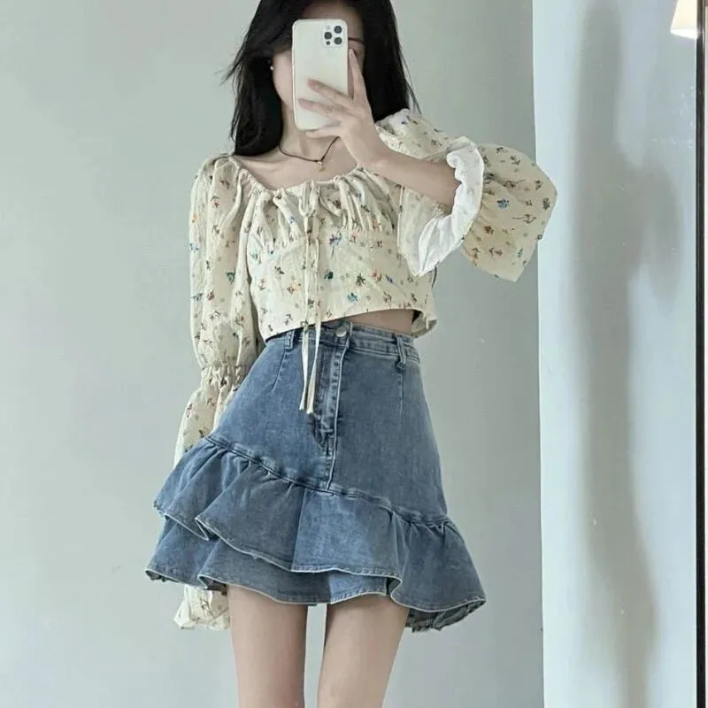 Girlary Hotsweet Women Shirt Vintage Distressed  Empire Trumpet High Street Slim Solid Asymmetrical Ruffles Denim Shirt