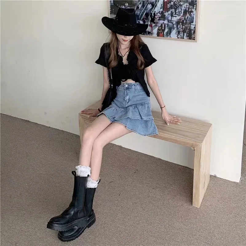 Girlary Hotsweet Women Shirt Vintage Distressed  Empire Trumpet High Street Slim Solid Asymmetrical Ruffles Denim Shirt