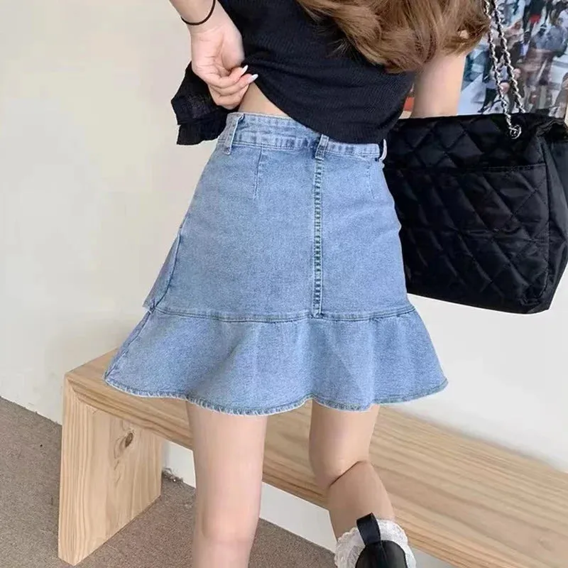 Girlary Hotsweet Women Shirt Vintage Distressed  Empire Trumpet High Street Slim Solid Asymmetrical Ruffles Denim Shirt