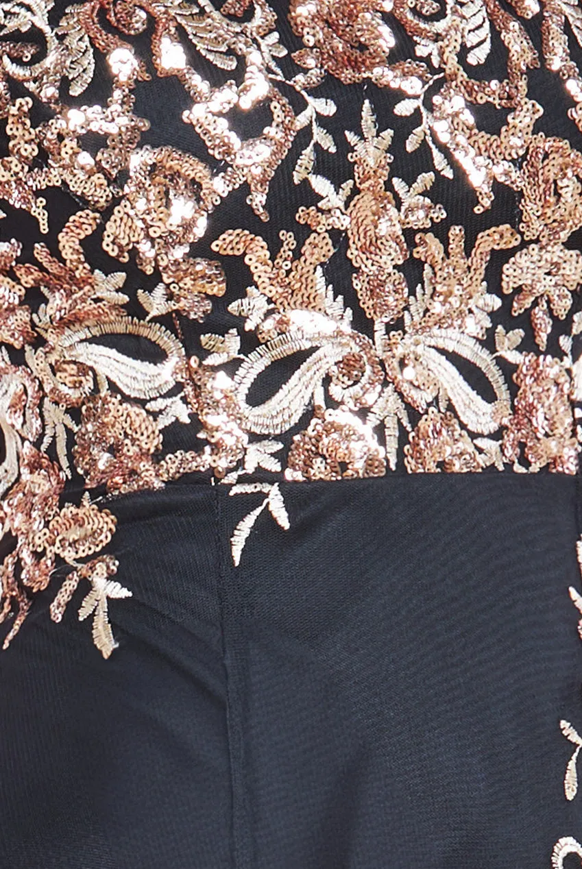 Goddiva Bardot Sequin & Lace High Low Midi - Champagne