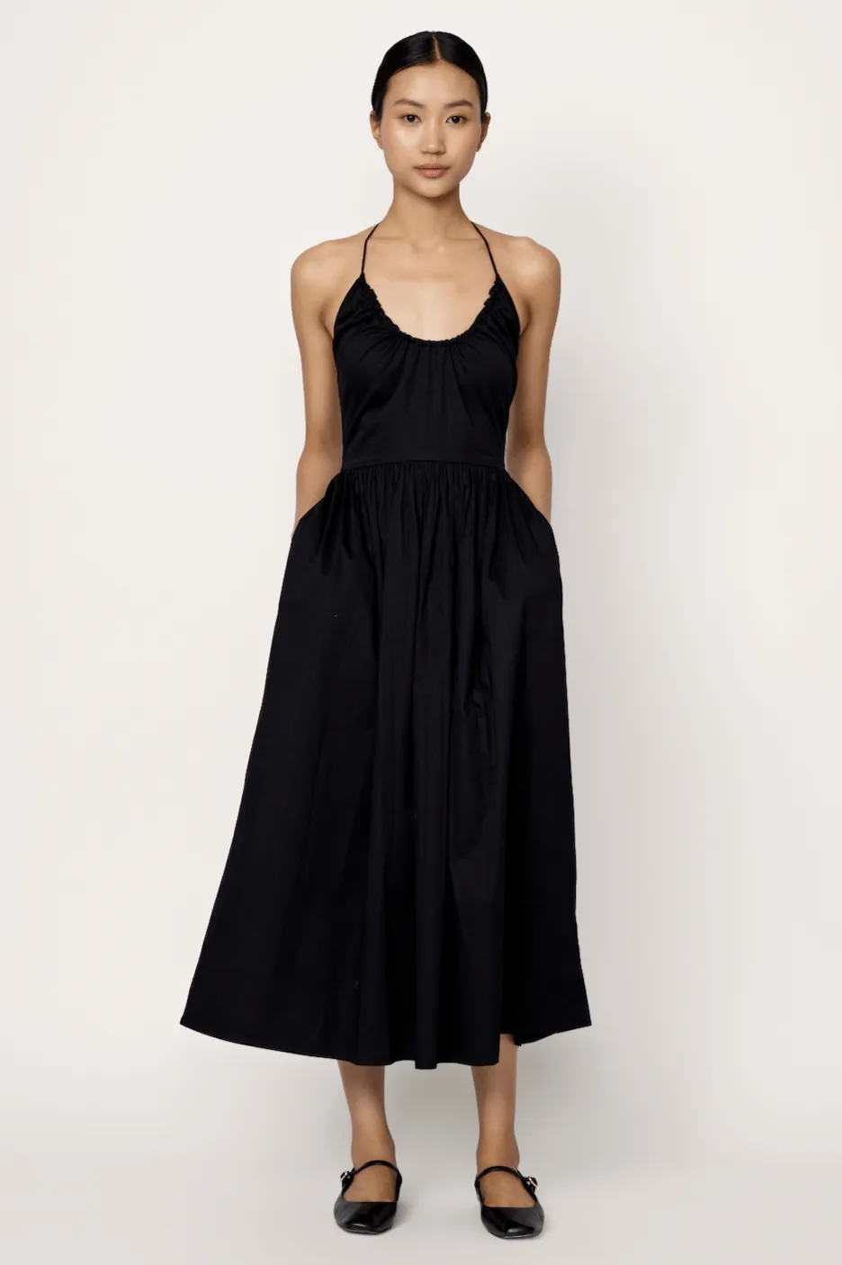 Halter Midi Dress - Black Poplin
