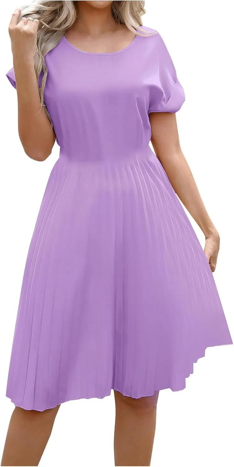hlysgo Beach Dresses for Women Summer Casual Loose Fit Short Sleeve Crew Neck Mini Dress A-Line Flowy Pleated Vacation Dress
