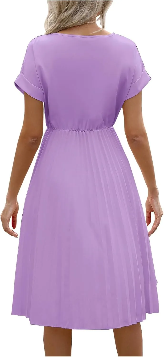 hlysgo Beach Dresses for Women Summer Casual Loose Fit Short Sleeve Crew Neck Mini Dress A-Line Flowy Pleated Vacation Dress