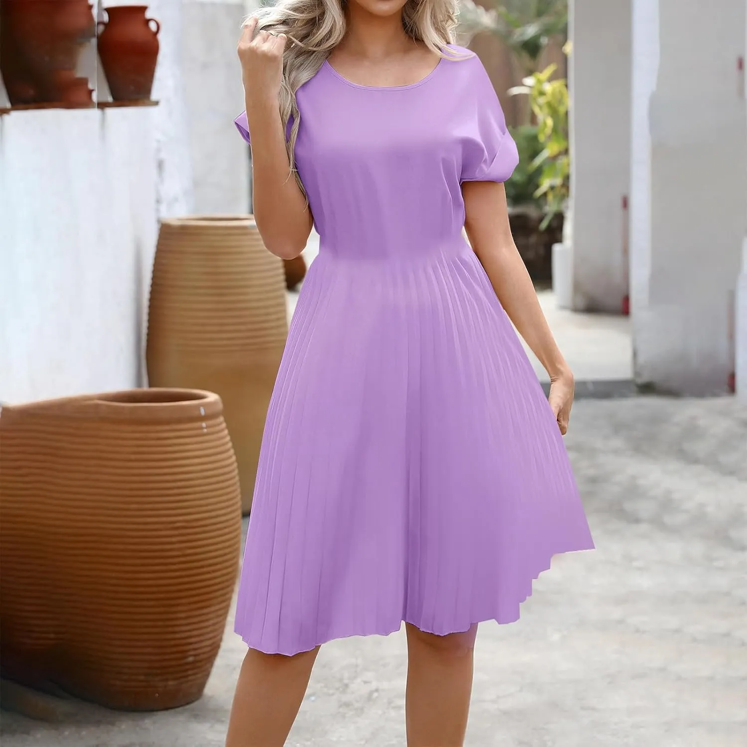 hlysgo Beach Dresses for Women Summer Casual Loose Fit Short Sleeve Crew Neck Mini Dress A-Line Flowy Pleated Vacation Dress