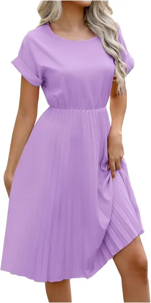 hlysgo Beach Dresses for Women Summer Casual Loose Fit Short Sleeve Crew Neck Mini Dress A-Line Flowy Pleated Vacation Dress