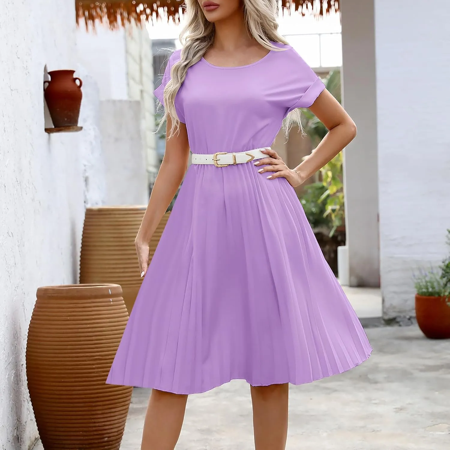 hlysgo Beach Dresses for Women Summer Casual Loose Fit Short Sleeve Crew Neck Mini Dress A-Line Flowy Pleated Vacation Dress