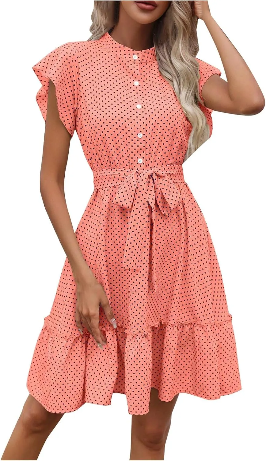 hlysgo Going Out Dresses for Women 2025 Summer Button Down V Neck Short Sleeve Mini Dress Casual A-Line Swing Ruffled Dress