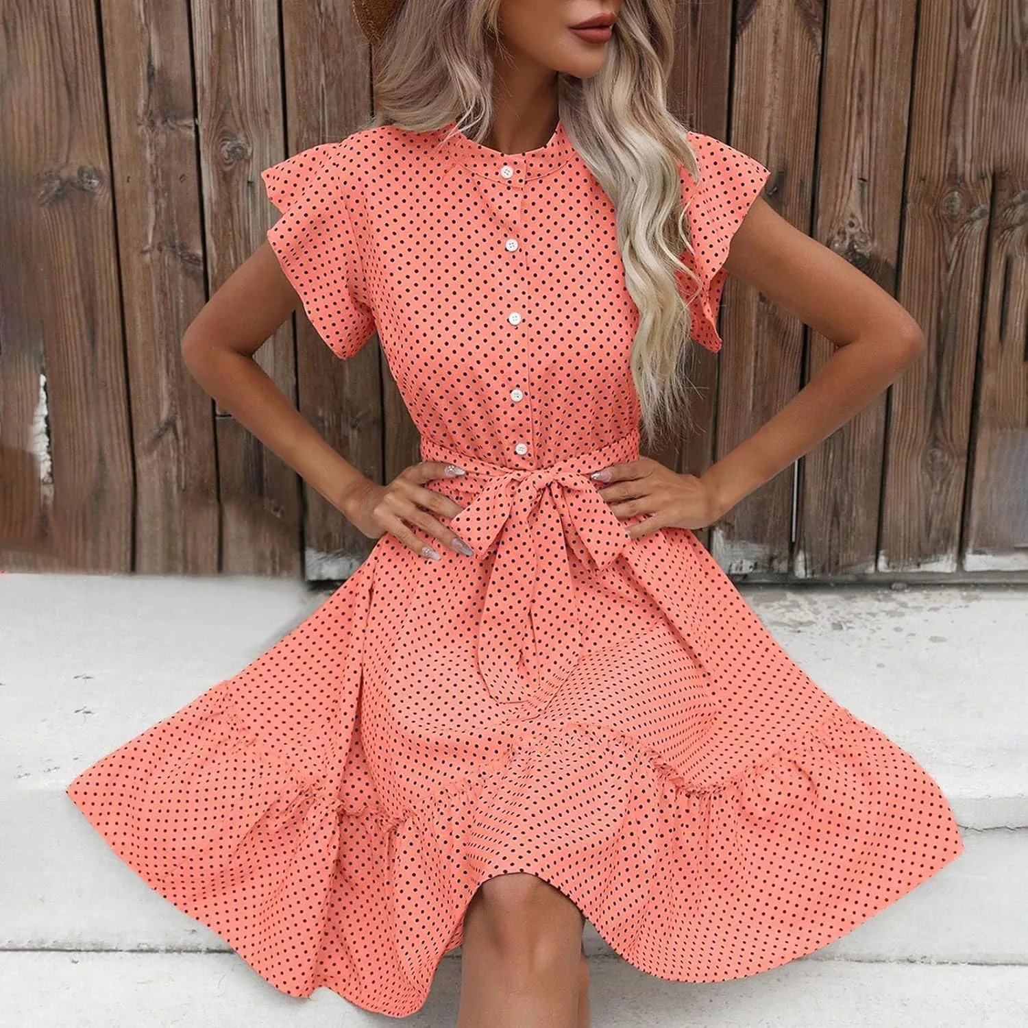 hlysgo Going Out Dresses for Women 2025 Summer Button Down V Neck Short Sleeve Mini Dress Casual A-Line Swing Ruffled Dress