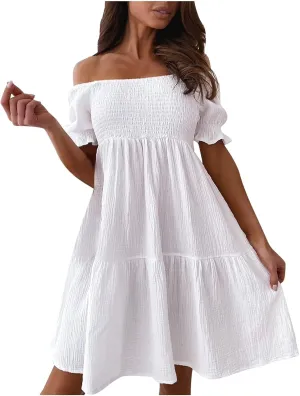 hlysgo Mini Dress for Women Cute Off Shoulder Short Sleeve Smocked Dresses Summer Casual Loose Fit A-Line Flowy Beach Dress