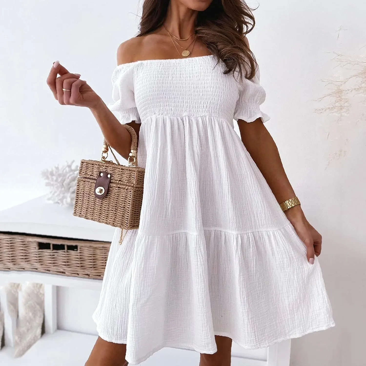 hlysgo Mini Dress for Women Cute Off Shoulder Short Sleeve Smocked Dresses Summer Casual Loose Fit A-Line Flowy Beach Dress