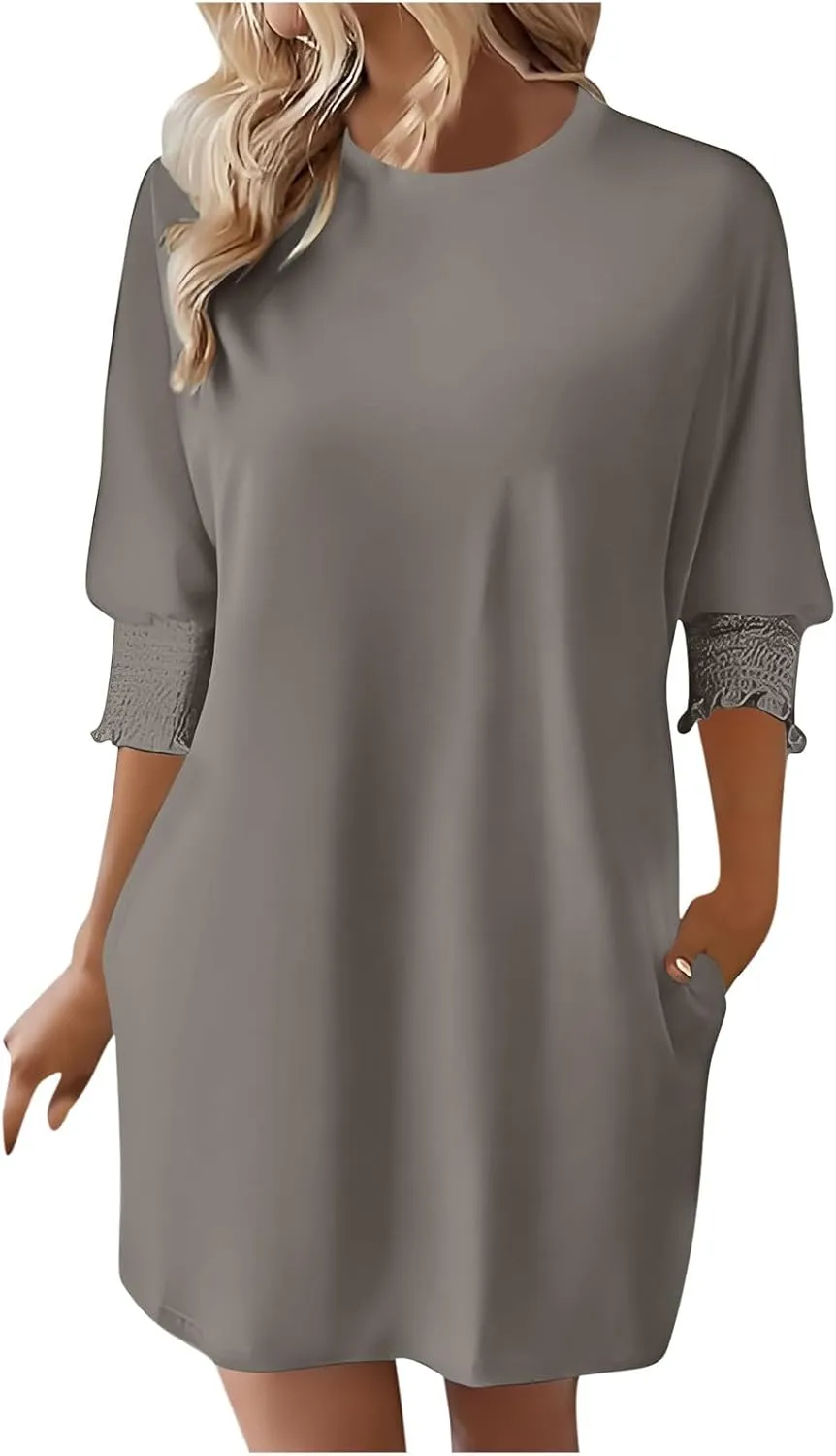hlysgo Womens Summer Dresses 2025 Trendy 3/4 Sleeve Crew Neck Mini Dress Casual Loose Fit Knee Length Dress for Teen Girls