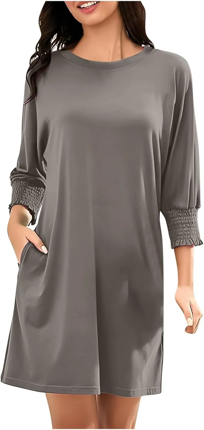hlysgo Womens Summer Dresses 2025 Trendy 3/4 Sleeve Crew Neck Mini Dress Casual Loose Fit Knee Length Dress for Teen Girls