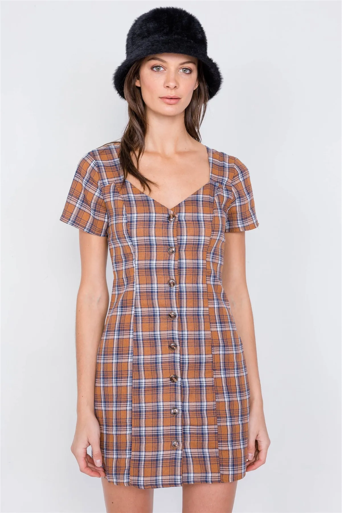 Hot Girl Brown Checkered Open Back Vintage Mini Dress