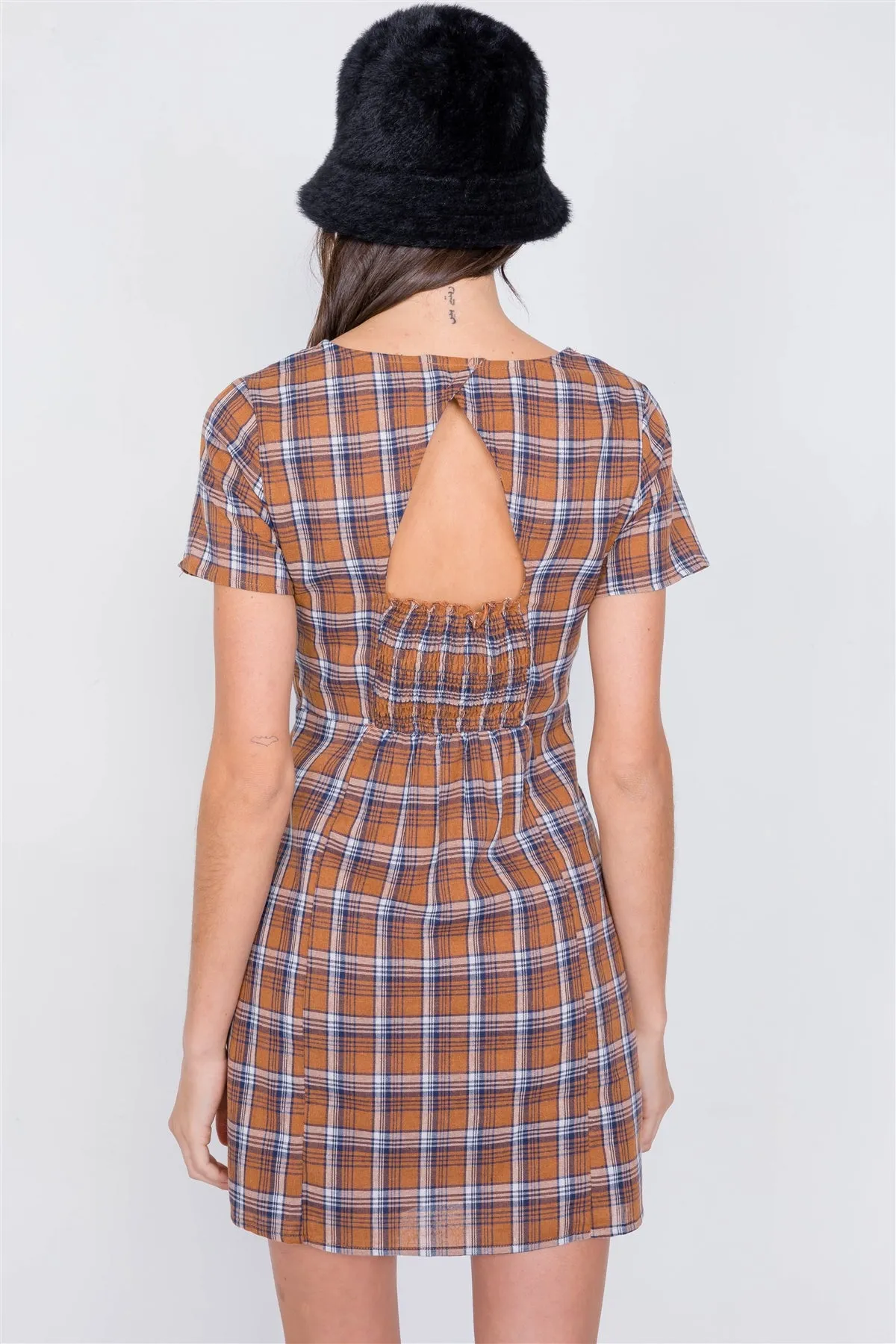 Hot Girl Brown Checkered Open Back Vintage Mini Dress