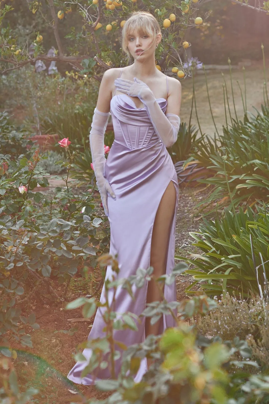 Ladivine 7483 Corset Prom Dress Bridesmaid Slit Luxe Satin Formal Gown Cowl Neck