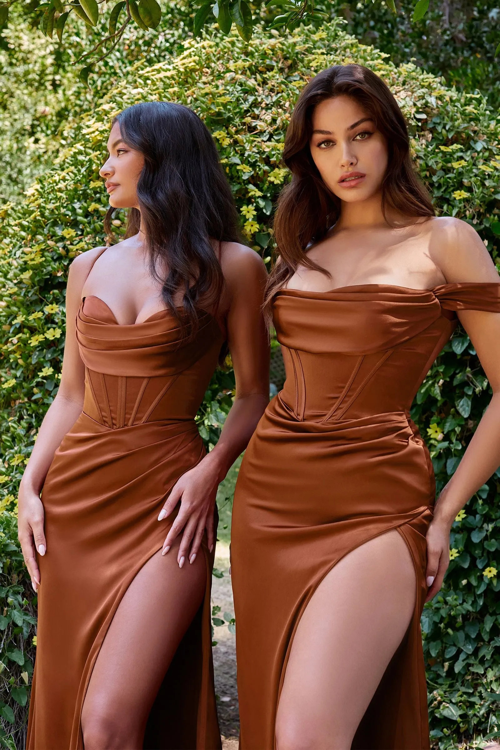 Ladivine 7483 Corset Prom Dress Bridesmaid Slit Luxe Satin Formal Gown Cowl Neck