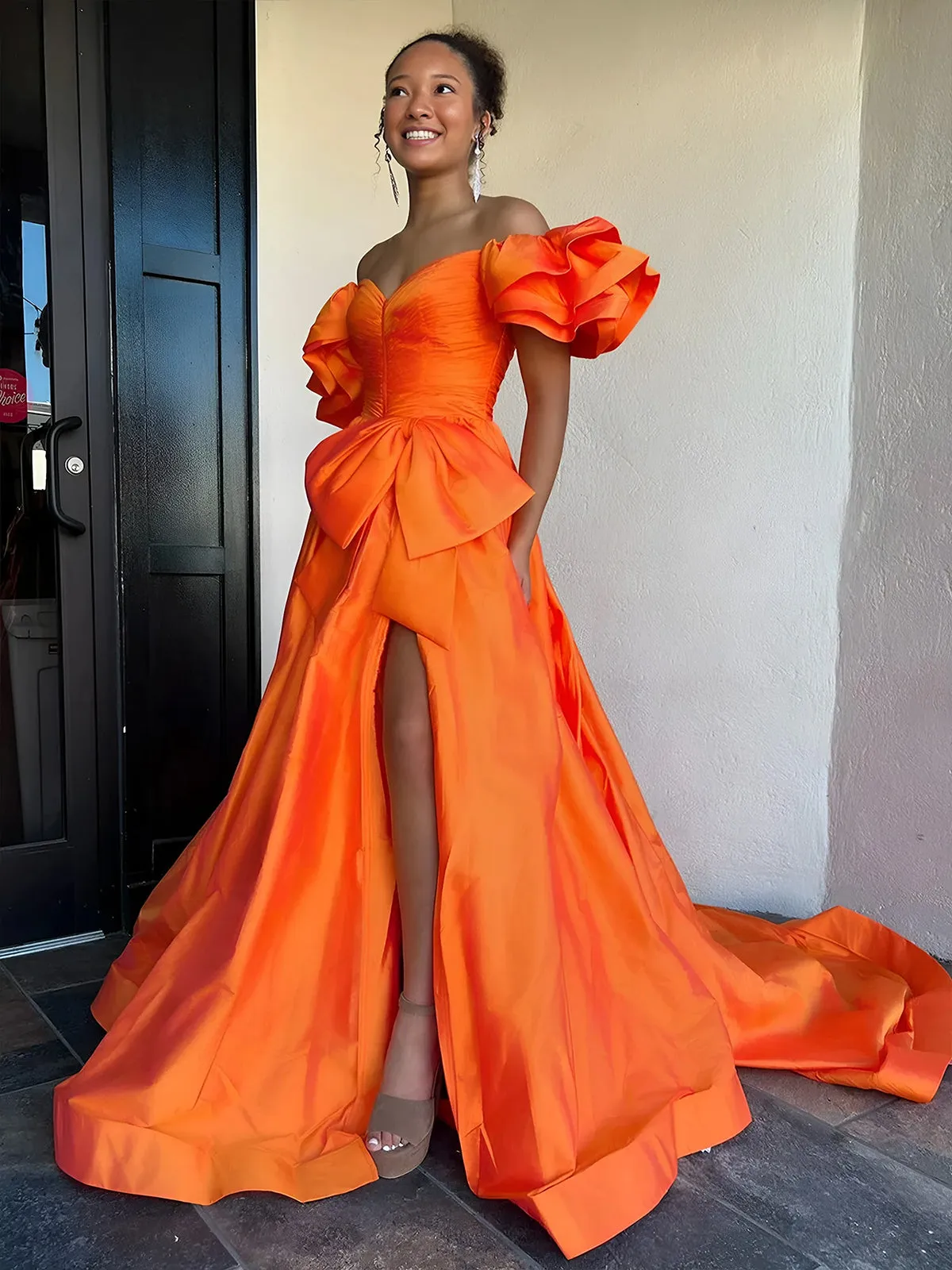 Lael | Orange Sweetheart Pleated A-Line Prom Dress With Bow