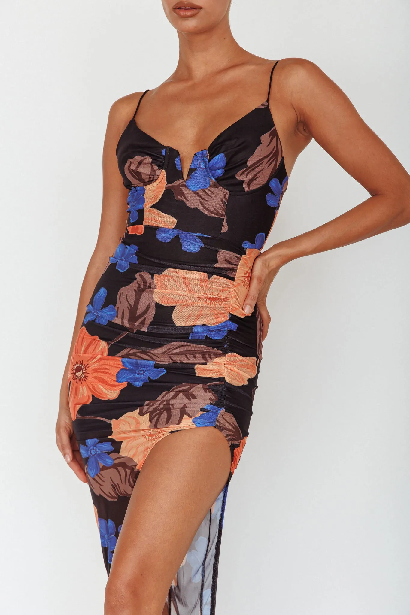Lake Como Fitted Bodice Side Split Dress Black/Orange