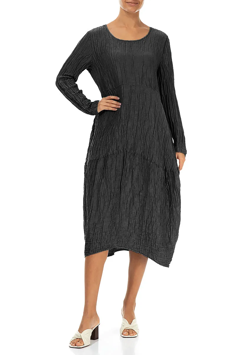Long Sleeves Balloon Crinkled Black Silk Linen Dress