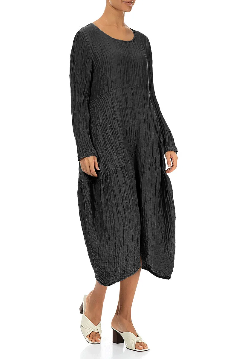 Long Sleeves Balloon Crinkled Black Silk Linen Dress