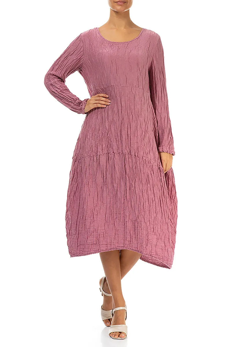Long Sleeves Balloon Crinkled Mauve Taupe Silk Linen Dress