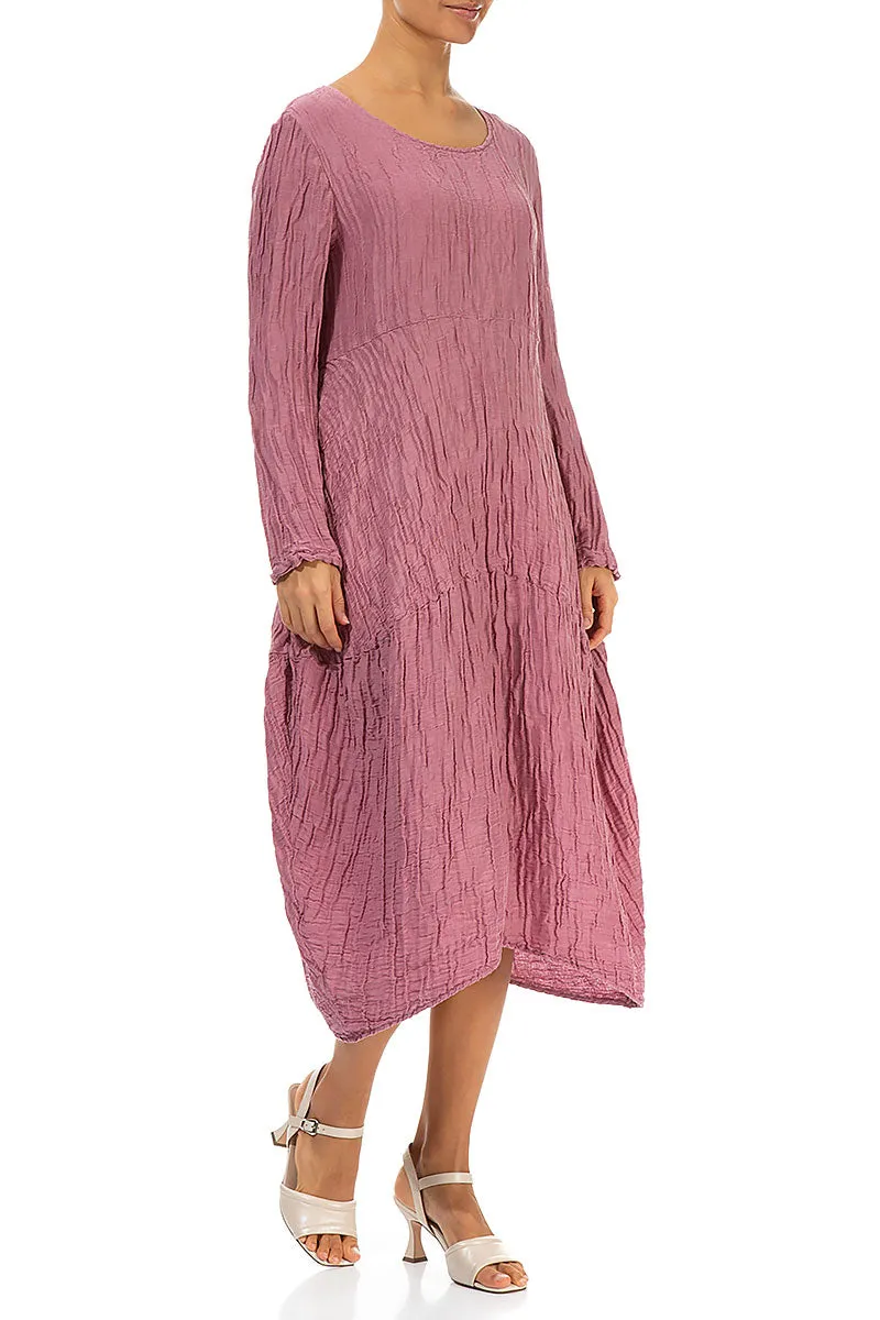 Long Sleeves Balloon Crinkled Mauve Taupe Silk Linen Dress