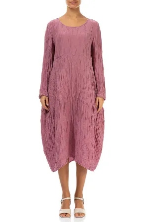 Long Sleeves Balloon Crinkled Mauve Taupe Silk Linen Dress