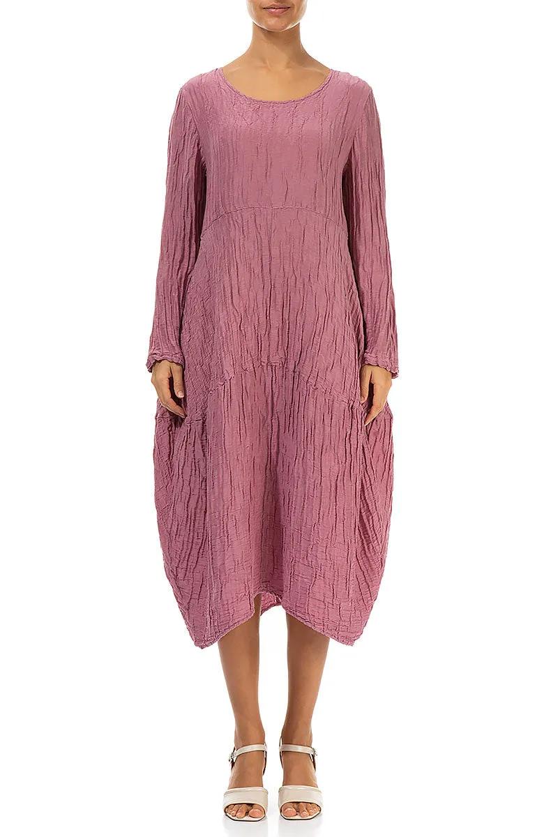 Long Sleeves Balloon Crinkled Mauve Taupe Silk Linen Dress