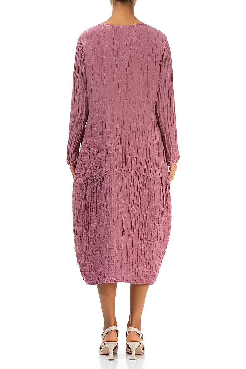 Long Sleeves Balloon Crinkled Mauve Taupe Silk Linen Dress