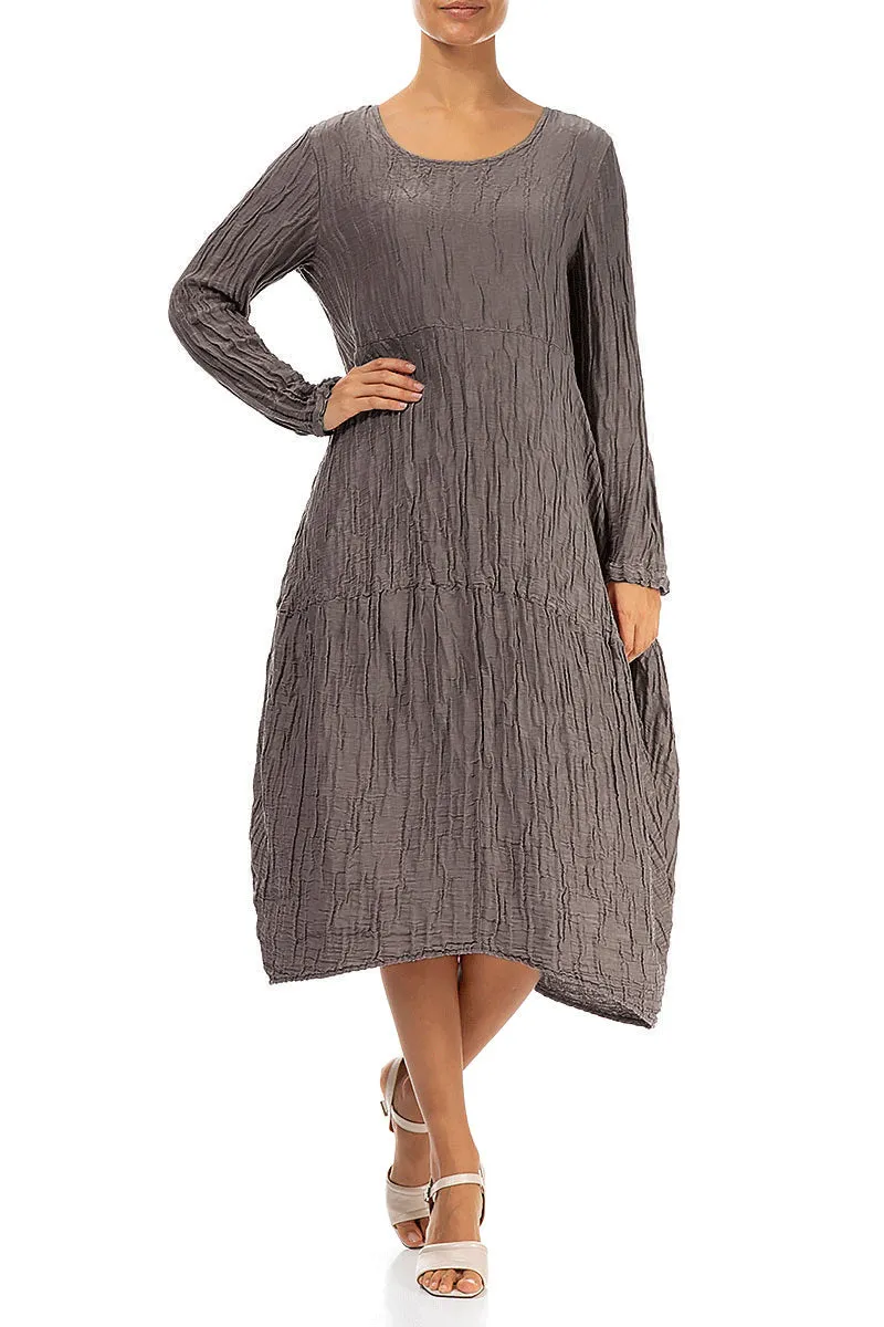 Long Sleeves Balloon Crinkled Truffle Silk Linen Dress