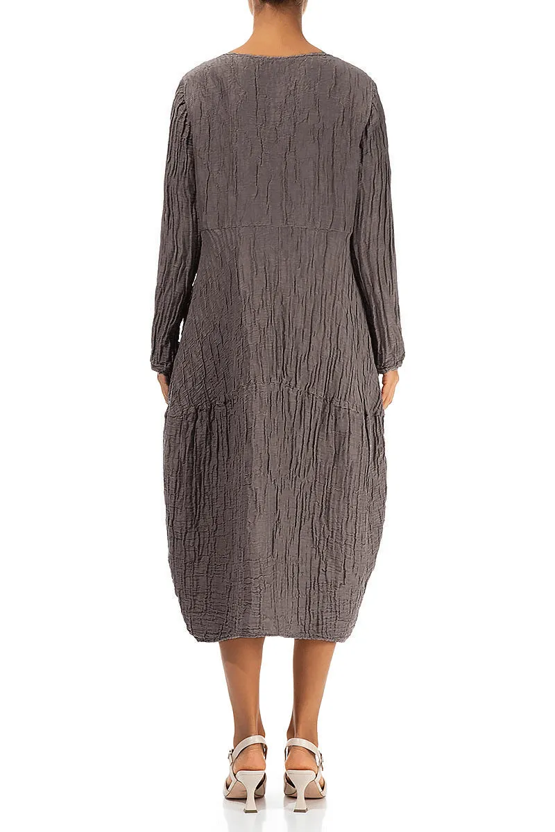 Long Sleeves Balloon Crinkled Truffle Silk Linen Dress