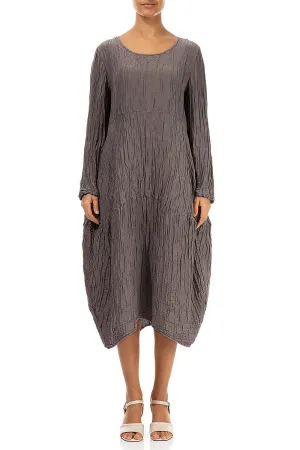 Long Sleeves Balloon Crinkled Truffle Silk Linen Dress
