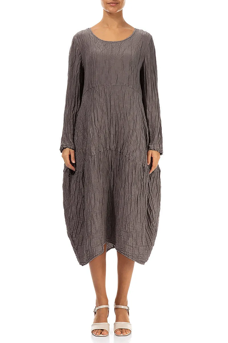 Long Sleeves Balloon Crinkled Truffle Silk Linen Dress