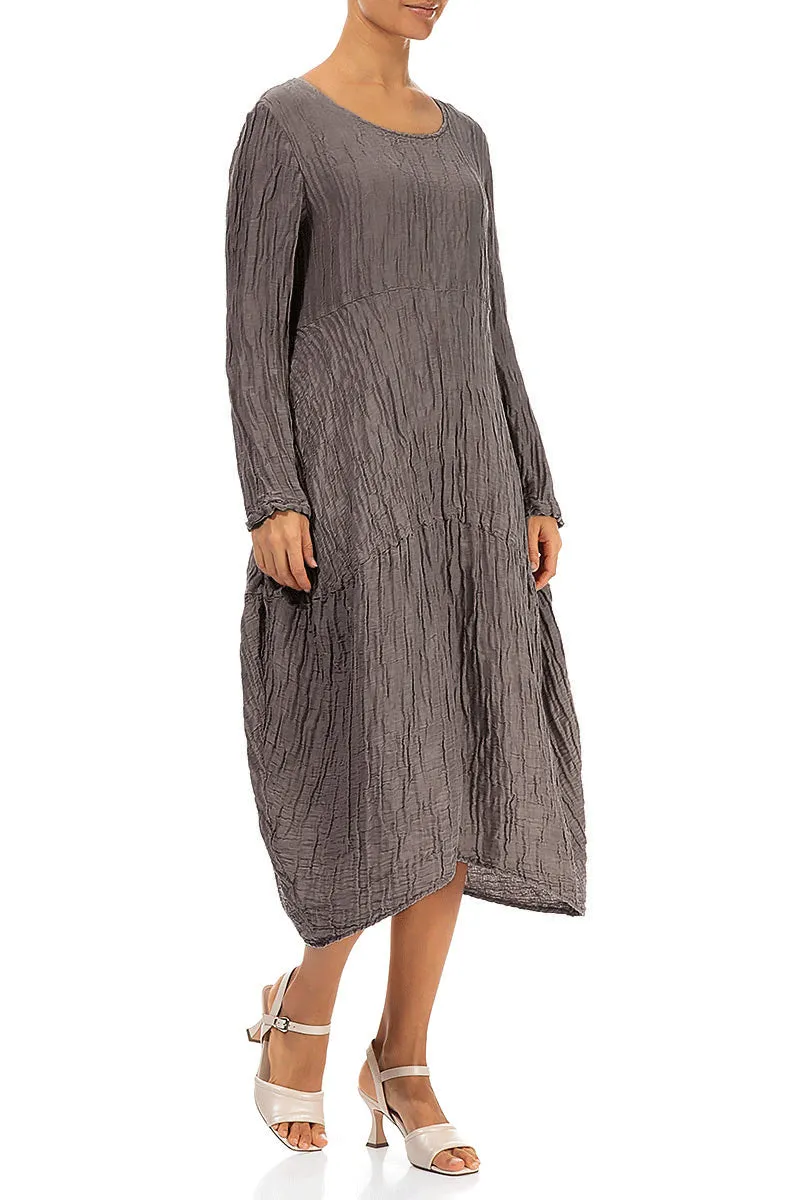 Long Sleeves Balloon Crinkled Truffle Silk Linen Dress
