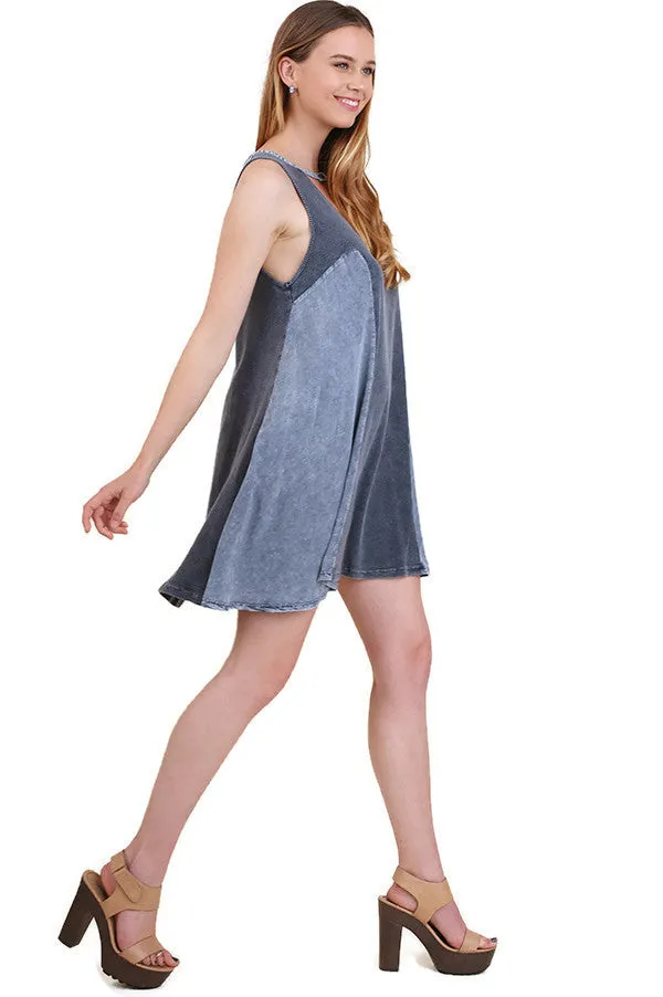 Mineral Washed Keyhole Dress, Denim