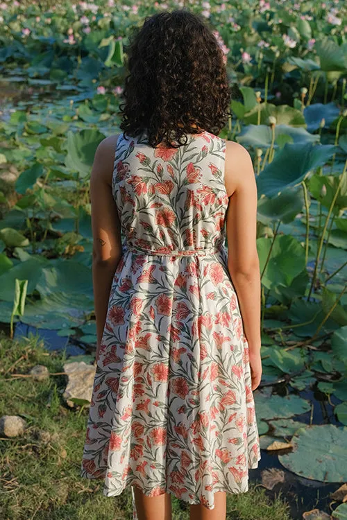 Okhai "Dahlia Dreams" Hand Embroidered Hand Block Printed Pure Cotton Sleeveless Wrap Dress