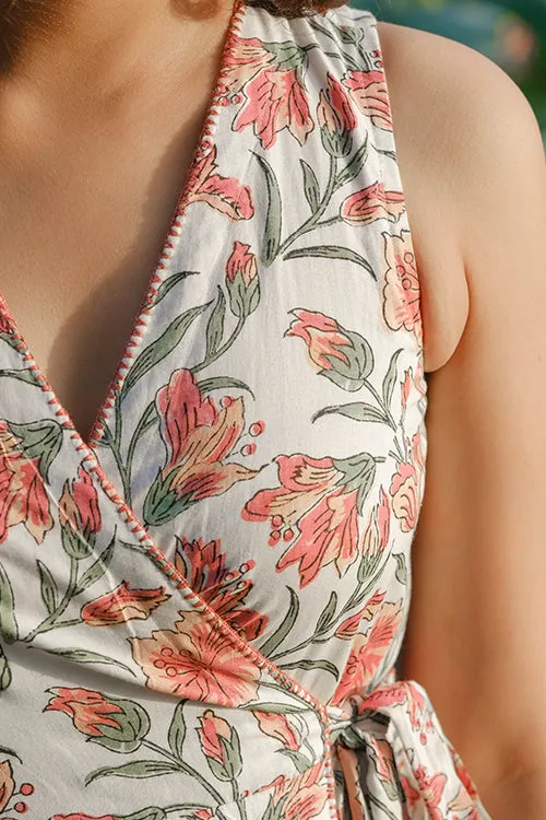 Okhai "Dahlia Dreams" Hand Embroidered Hand Block Printed Pure Cotton Sleeveless Wrap Dress