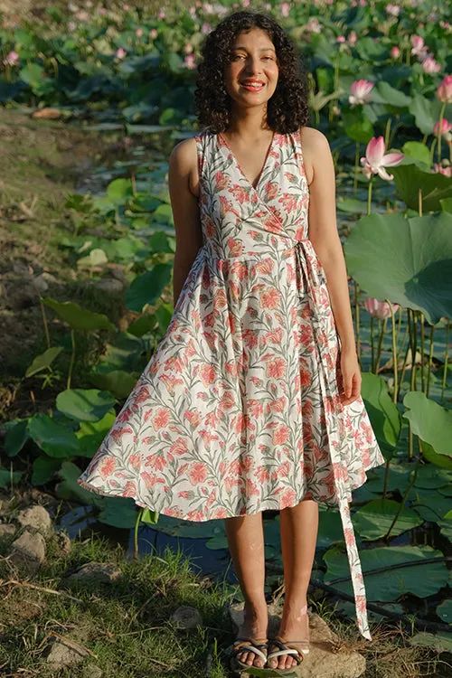 Okhai "Dahlia Dreams" Hand Embroidered Hand Block Printed Pure Cotton Sleeveless Wrap Dress