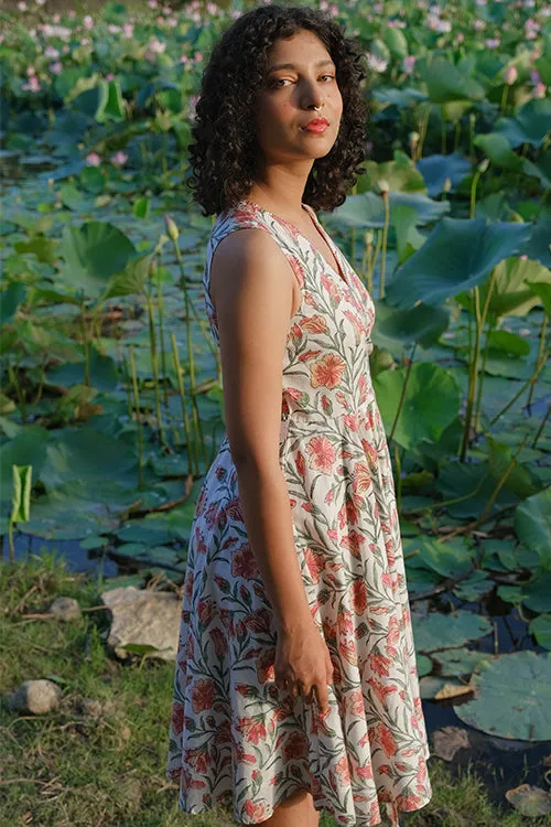 Okhai "Dahlia Dreams" Hand Embroidered Hand Block Printed Pure Cotton Sleeveless Wrap Dress