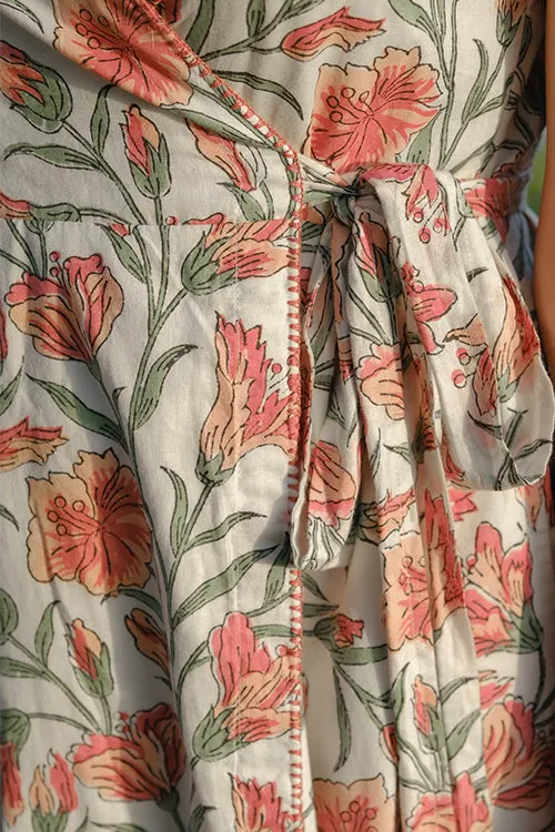 Okhai "Dahlia Dreams" Hand Embroidered Hand Block Printed Pure Cotton Sleeveless Wrap Dress