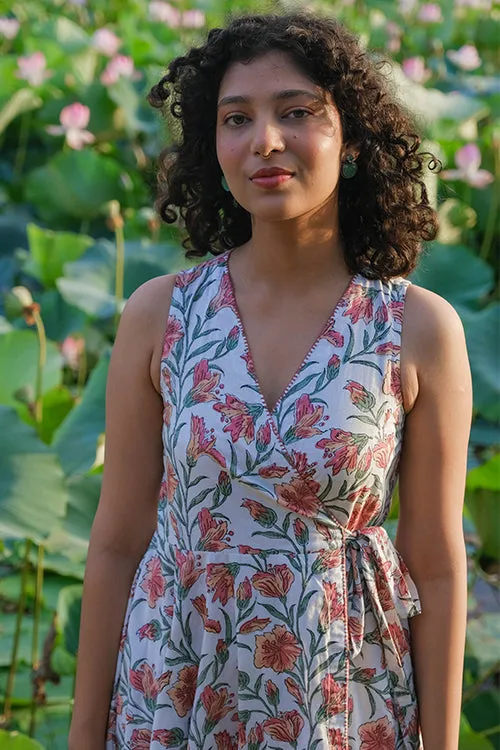 Okhai "Dahlia Dreams" Hand Embroidered Hand Block Printed Pure Cotton Sleeveless Wrap Dress