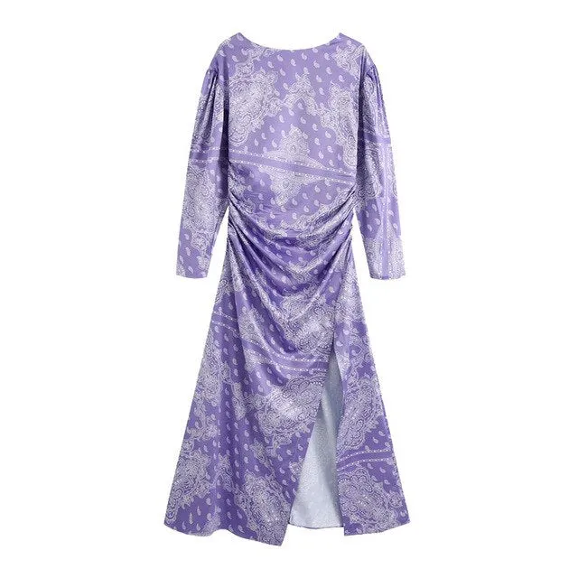 PAISLEY PRINT PLEATED MIDI DRESS