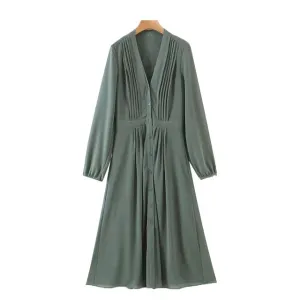 PLEATED CHIFFON MIDI DRESS