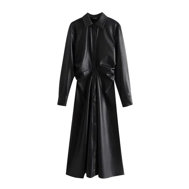 PLEATED LEATHER MIDI DRESS