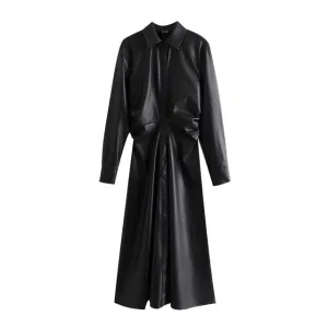 PLEATED LEATHER MIDI DRESS