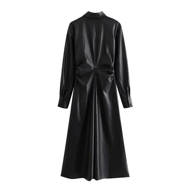 PLEATED LEATHER MIDI DRESS
